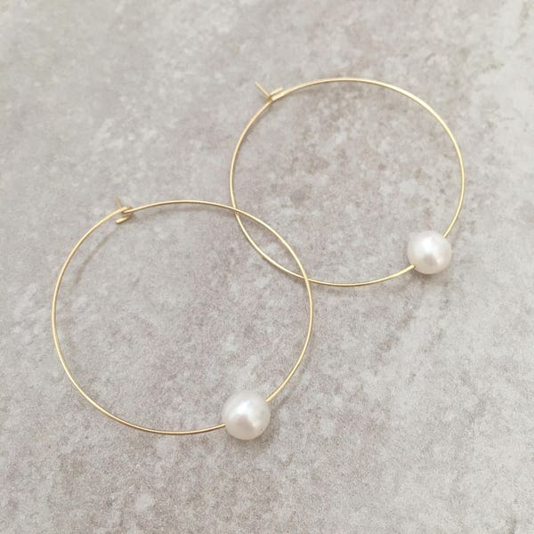 ESTHER • Pearl Hoop Earrings • Gold Hoop Earrings • Freshwater Pearl Hoops • June Birthstone • Bride • Bridesmaid• Gifts for Her ER110