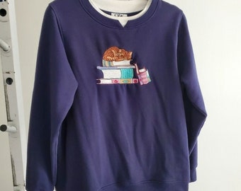 Vintage Cat Book Sweatshirt Womens M navy blue C&K pullover casual loungewear