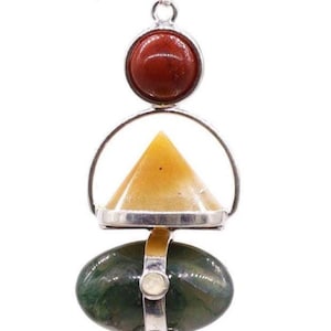May include: A silver pendant with a chain, featuring a sequence of coloured gemstones. It includes a red, round stone, a yellow pyramid, a green oval, and a blue teardrop. The stones are connected by silver metal. Measurements are in cm.