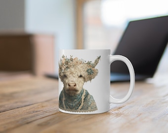 Floral Highland Cow Mug, Cottagecore Animal Portrait Tea Cup, Vintage Farmhouse Shabby Chic