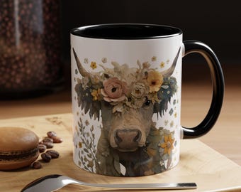 Floral Highland Cow Mug, Cottagecore Cow Coffee Mug, Shabby Chic Farmhouse Tea Cup, Vintage Animal Gift