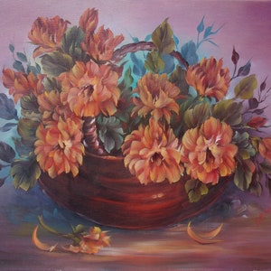 Red Basket of Love, ORIGINAL OIL PAINTING on Stretched Canvas- Still Life 20&quot; x 16&quot;