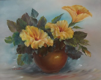 Hibiscus in a Clay Pot, ORIGINAL OIL PAINTING on Stretched Canvas- Still Life 20&quot; x 16&quot;