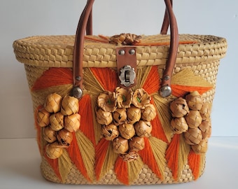 Vintage 1970s Woven Straw Basket Purse with 3D Raffia Grapes, Mid Century Enbroidered Yarn Novelty Handbag, Kitsch Retro Resort Summer Tote