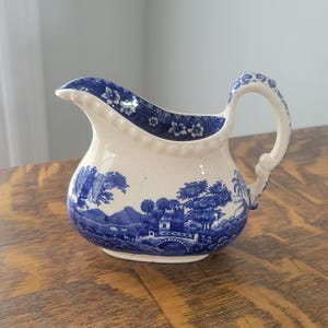 Antique Copeland Spode Tower Blue Transferware Creamer Jug | Circa Early 1900s English Chintz Pottery Small Pitcher Tea Serviceware