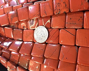 Double Drilled Madagascar Red Jasper 20mm Square Beads. Approx. 8".
