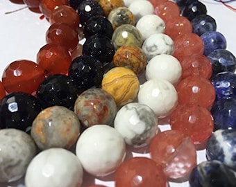 6 Strands Combo 8mm Faceted Round Beads Lot #A- African Rainbow Carnelian, African White Howlite, African Sodalite, Mexican Crazy Lace