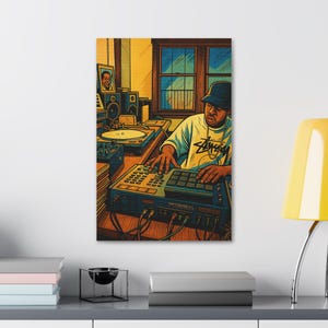 Canvas Print, J Dilla Hip Hop Producer MPC 3000 Animated Artwork, Wall Art Decor, Music Lover Gift, Home Office Decor, Music Studio
