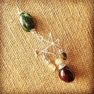May include: A silver pendant necklace with a star-shaped charm and various gemstone beads. The beads are green, brown, and white.