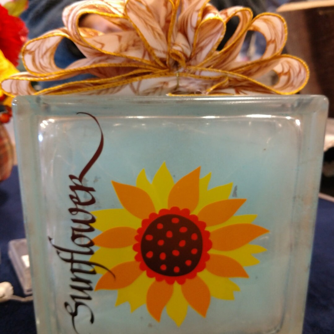Sunflower Glass Block With Lights, Lighted Glass Block Fall Decor ...