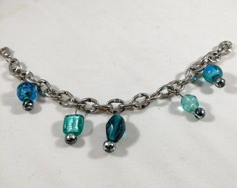 Teal and Silver, Charm Style Bracelet, Stone Drop Bracelet