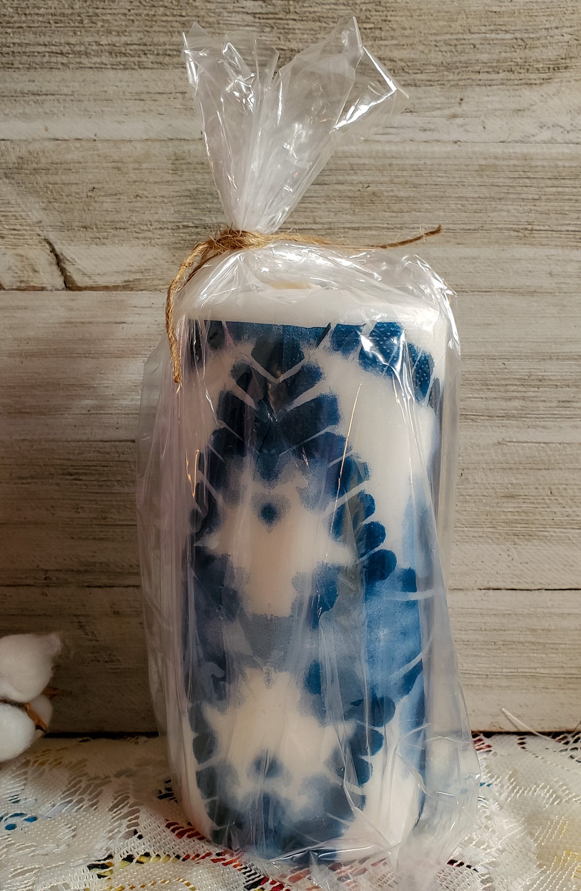 Tie Dye Candle, Blue Tie Dye Candle, Decoupage Candle, Decorated Candle