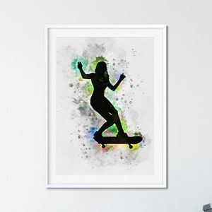 Skateboard Girl poster teen room Watercolor Wall art decor girls gift Skateboarding print