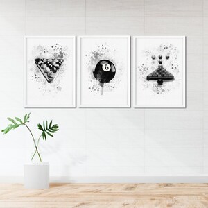 Billiards Snooker wall art posters set in Black and White Watercolor wall decor Christmas gift gift image 1