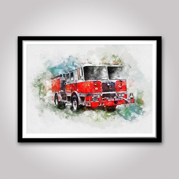 Fire Truck Print Watercolour Wall Art Poster Home Office Decor Etsy