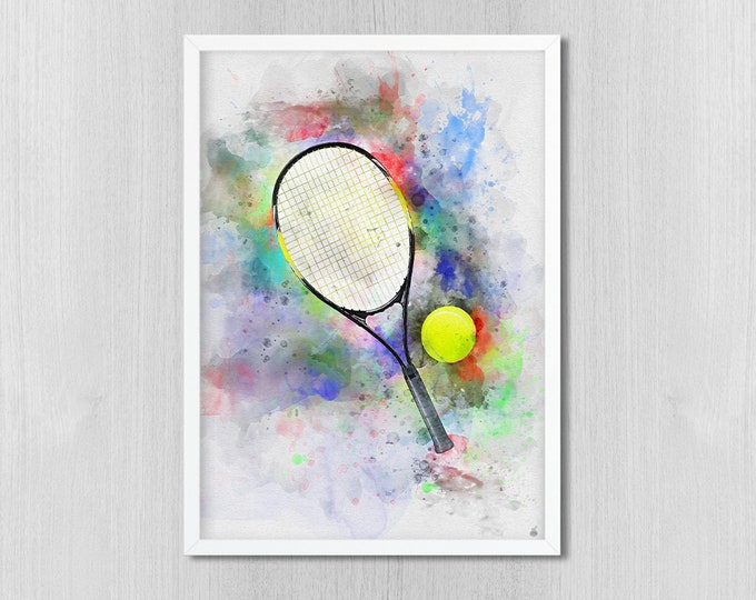 Tennis player gift idea Tennis Racket poster Watercolor hanging Sport print Art decor Wall Home Room decoration Gift for man or woman