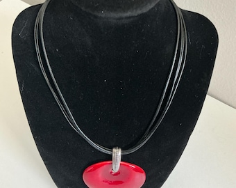 Chico’s Red Lucite Pendant Necklace - Black Cord - Modern Statement Jewelry