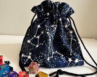 Glow-In-The-Dark Constellation Dice Bag: Handmade Cotton Drawstring Pouch