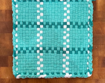 Sea Glass, Peacock and White  -  XL Woven 100% Cotton Loop Potholder.  Eco-Friendly.