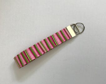 Handmade Striped Fabric Wristlet Keychain: Pink, Red, and Green