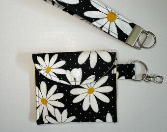 Black and White Daisy AirPod case and Keychain FOB, Keychain Fob, Fabric Wristlet, Mothers Days Gift less than 10.00.  Handmade.