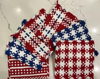 Red, White and Blue Potholders   -  XL Woven 100% Cotton Loop Potholder,  Eco-Friendly.