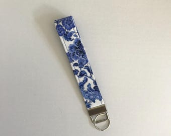 Handmade Blue Floral Fabric Wristlet Keychain: Silver Accent Key Fob