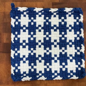 Agarradera de tela azul y blanca, talla XL, 100 % algodón tejido, ecológica.