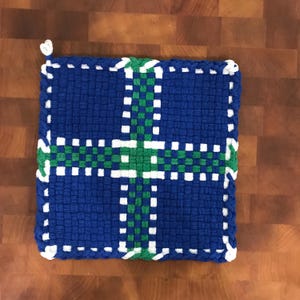 Golf or Pickleball Colors, Blue, Green and White  -  XL Woven 100% Cotton Loop Potholder, Eco-Friendly.