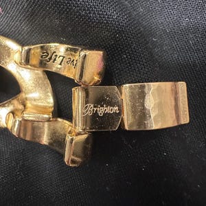 May include: Close-up of a gold-toned bracelet clasp. The clasp is rectangular with the brand name "Brighton" engraved on it. The bracelet links are also gold-toned, with the words "Live the Life" engraved on one link.