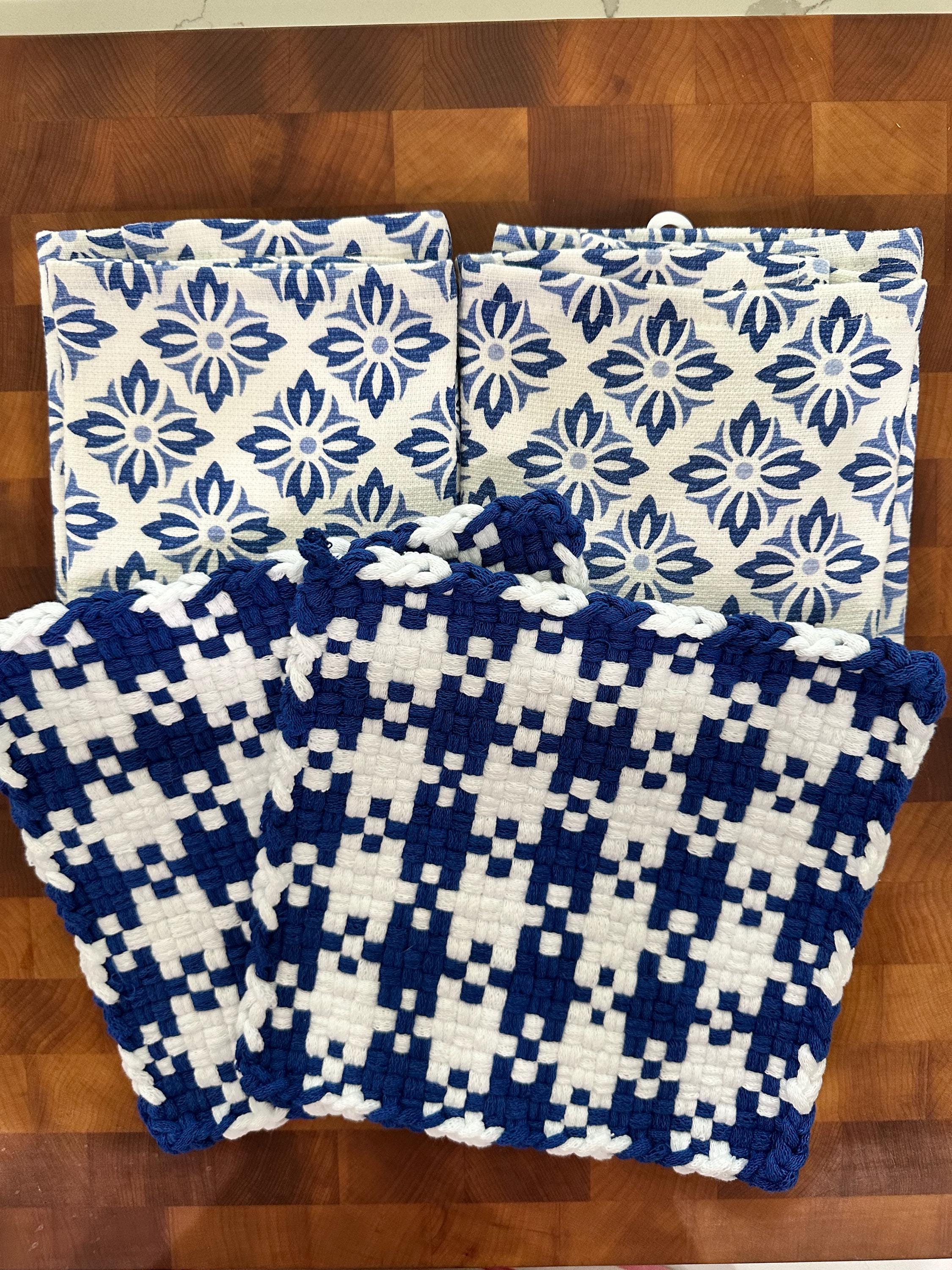 Blue and White  -  XL Woven 100% Cotton Loop Potholder, Eco-Friendly.