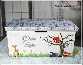 Woodland Personalised Toy Box - Toy Storage with Cushion Seat - Extra Large Toybox - Animal Toy Chest