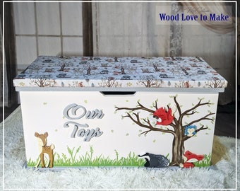 Woodland Personalised Toy Box Toy Storage with Cushion Seat Extra Large Toybox Animal Toy Chest