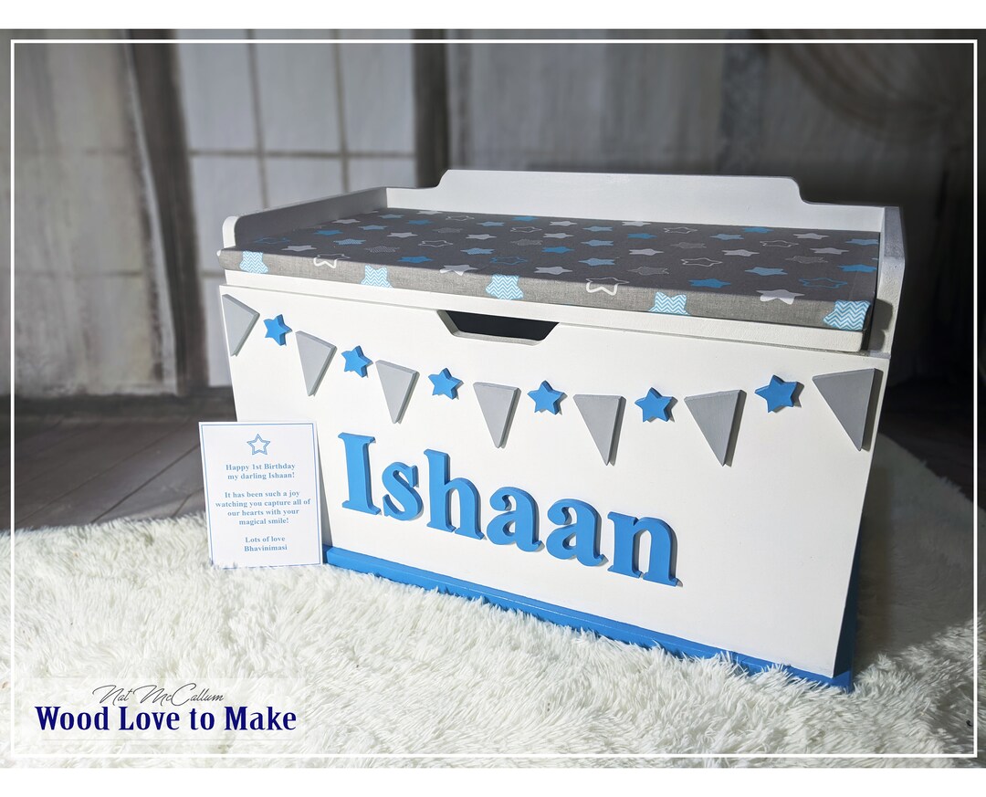 Extra Large Personalised Wooden Toy Box With Seat Bunting Toy Storage