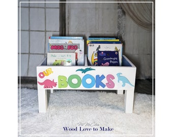Pastel Rainbow Dinosaur Book Storage Box, Girl's Dino Rainbow Bookcase, Animal Book Bin, Kids' Personalised Bookshelf, Custom Book Shelf