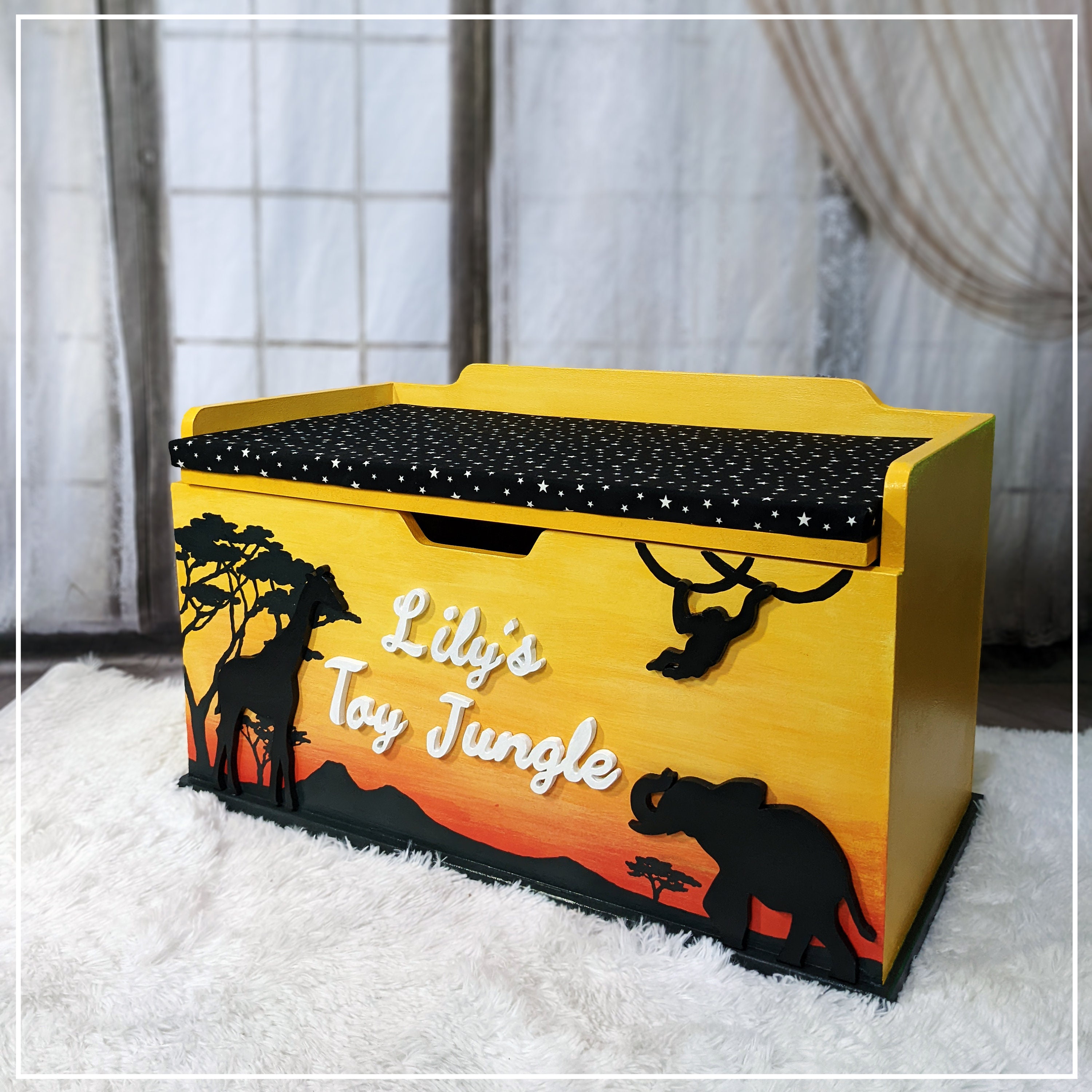 XL Personalised Wooden Toy Box Large Rainbow Seated Toy Chest
