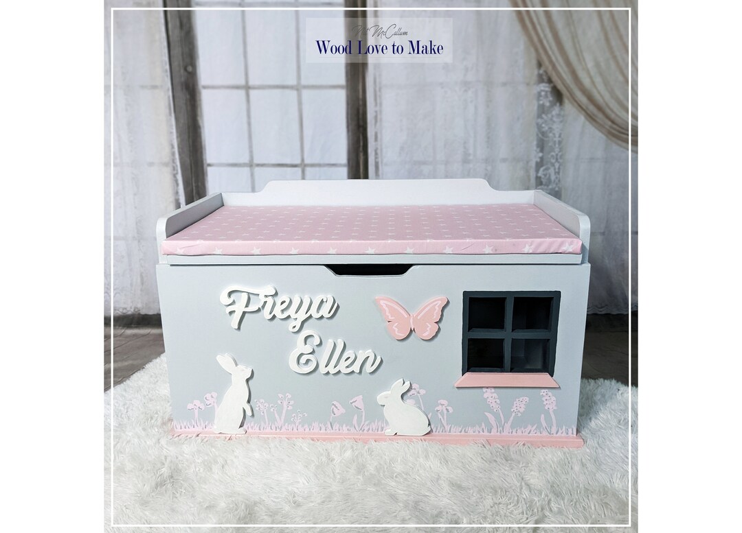 Personalised Wooden Toy Box Pink Grey, Bunny Rabbit XL Wooden Seated ...