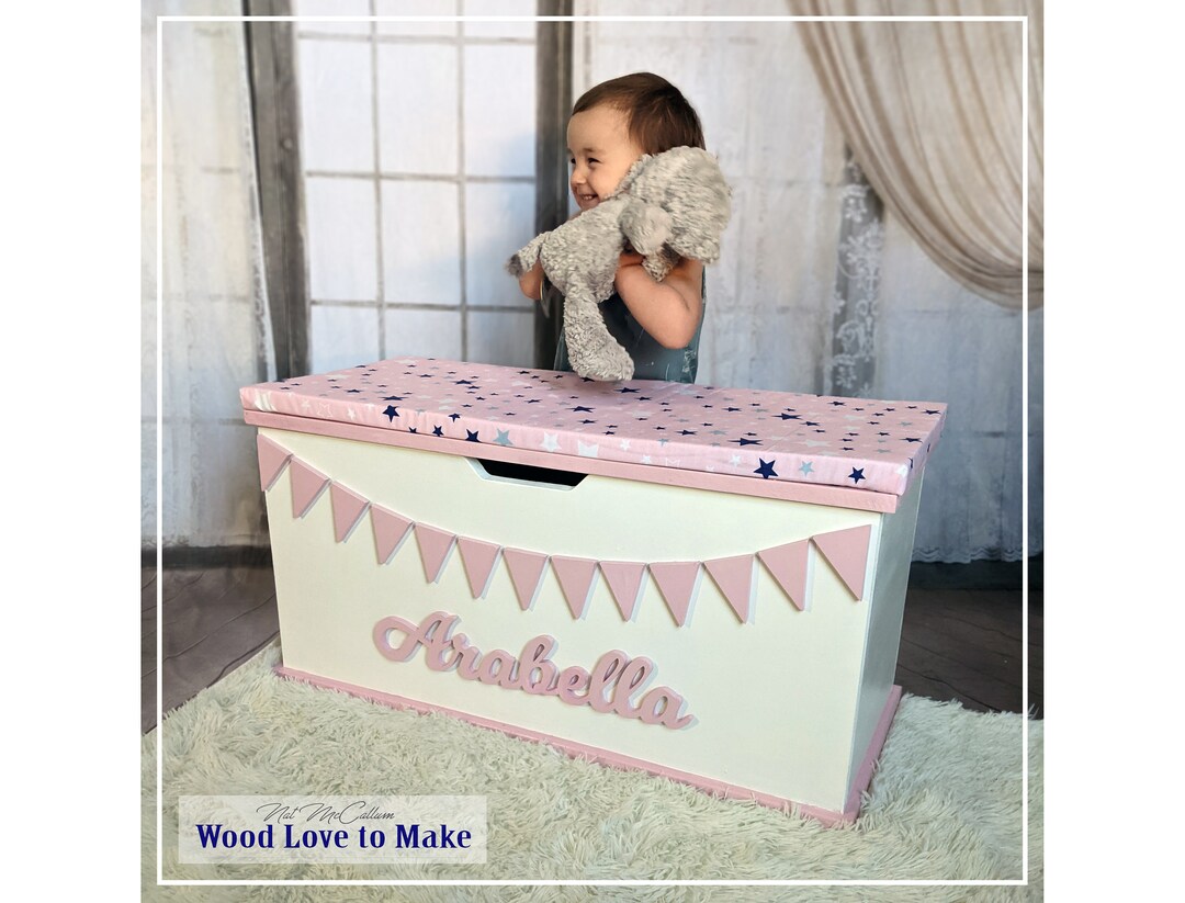 Extra Large Personalised Wooden Toy Box With Soft Close Seat, Bunting