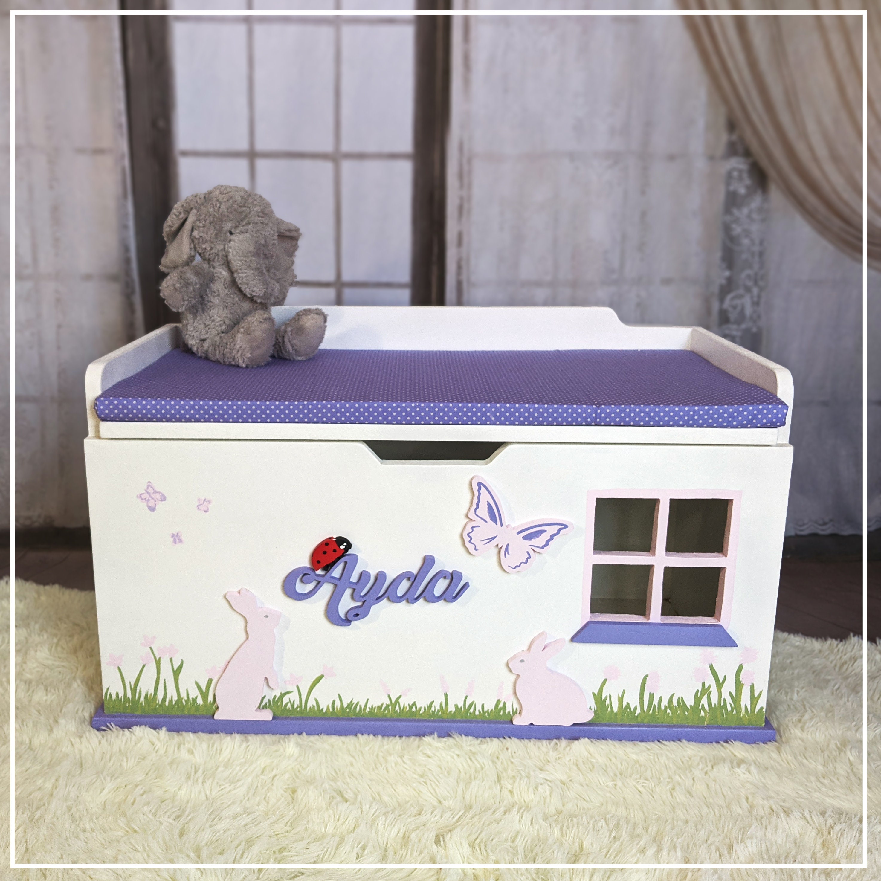 Bunny Personalised Wooden Toy Box With Soft Close Lid XL Wooden