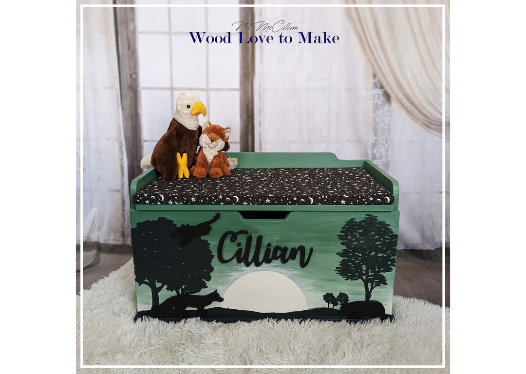 Wooden Toy Box, Personalised Toy Storage With Cushion Seat, Enchanted