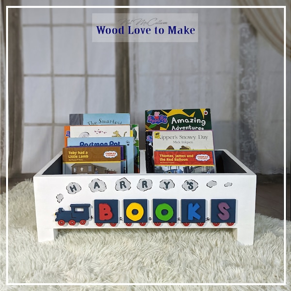 Train Book Bin - Book Case - Personalised Book Storage - Transport Themed Book Shelf - Book Box - Toy Storage on Wheels - Open Toy Storage