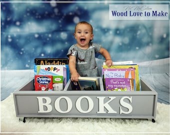 Caja de libros gris para niños - Almacenamiento personalizado de libros - Caja de libros Estantería de libros infantiles - Contenedor de libros personalizado grande - Librería Montessori
