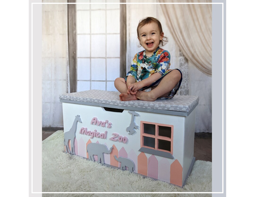 Zoo Safari Personalised Large Wooden Toy Box Soft Close Lid, Children's