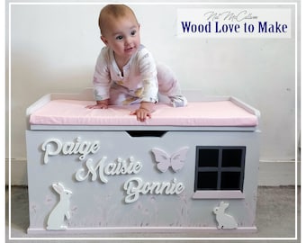 Caja de juguetes de madera personalizada XL - Baúl de juguetes sentado grande - Caja de juguetes rosa - Almacenamiento de juguetes a medida - Almacenamiento de juguetes de madera - Primer regalo de cumpleaños