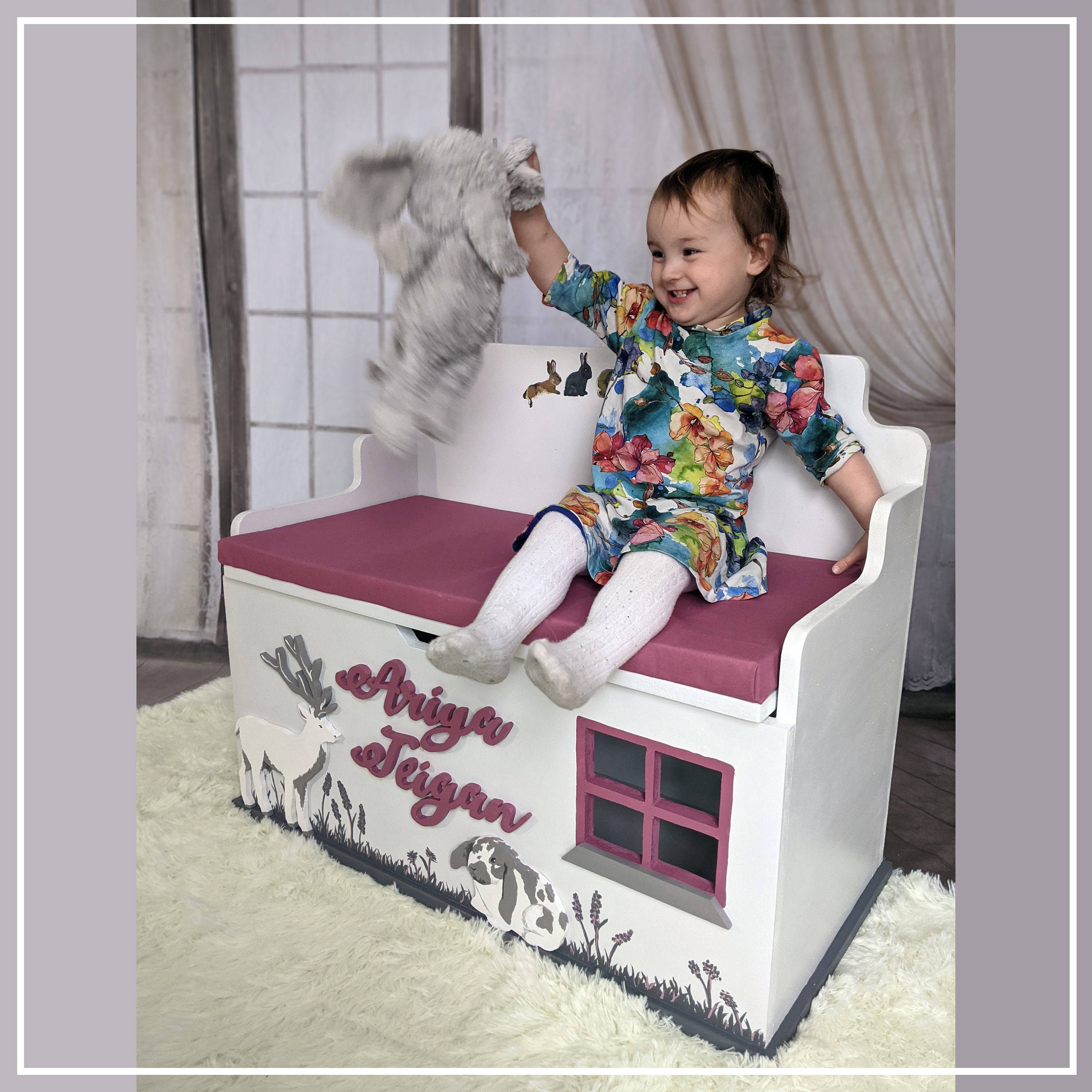 Large Personalised Toy Box Rainbow Woodland Modern Toy Storage