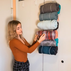 Closet Organizer and Storage For Sweaters, Towels, Hoodies, Sheets and Fabric. Adjustable Hanging Storage. Holds 12 Large Rolls