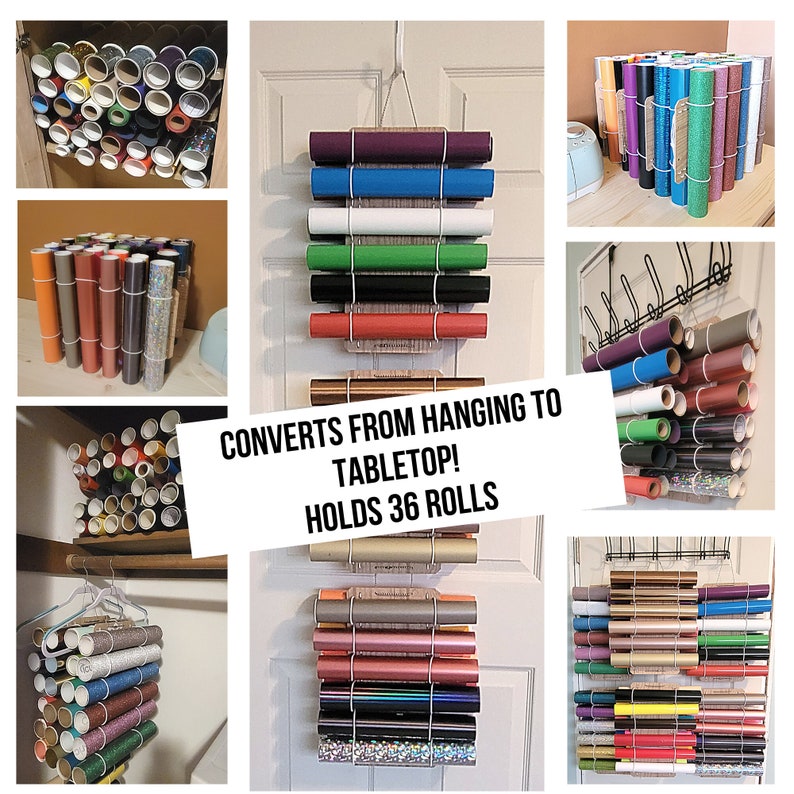 Vinyl Roll Holder and Vinyl Storage Rack, Convert From Hanging to Table Top , 3 in 1 Craft Vinyl Storage, Holds 36 Rolls 
