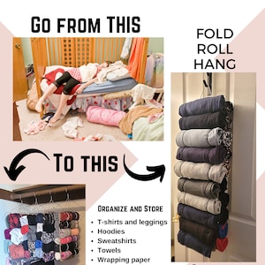 May include: A white and pink bedroom with a messy bed and clothes on the floor. The image shows a before and after of how to organize clothes using a rolling clothes rack. The rack is made of wood and has a metal bar for hanging clothes. The rack is filled with rolled up clothes. The text on the image reads "The Roll Keeper Simple Storage Solutions Go From This To This Organize and Store T-shirts and leggings Hoodies Sweatshirts Towels Wrapping paper Yarn Paint And SO much more! Fold Roll Hang Contact us: Traci Tansill 360-520-9807 therollkeeper@gmail.com"
