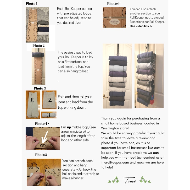 May include: A set of instructions for using a roll keeper to store and organize towels. The instructions include photos showing how to load, roll, and hang towels on the roll keeper. The text includes the phrase "See video link 5".