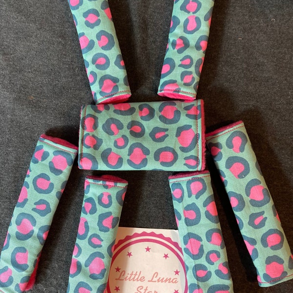 5 or 7 piece Pavlik harness covers set-pink and green leopard print.